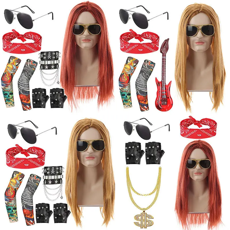 70s 80s Rocker Pun Costume Heavy Metal Wig Men Women Hippie Wig with Bandana Sunglasses Punk Gloves Tattoo Sleeves