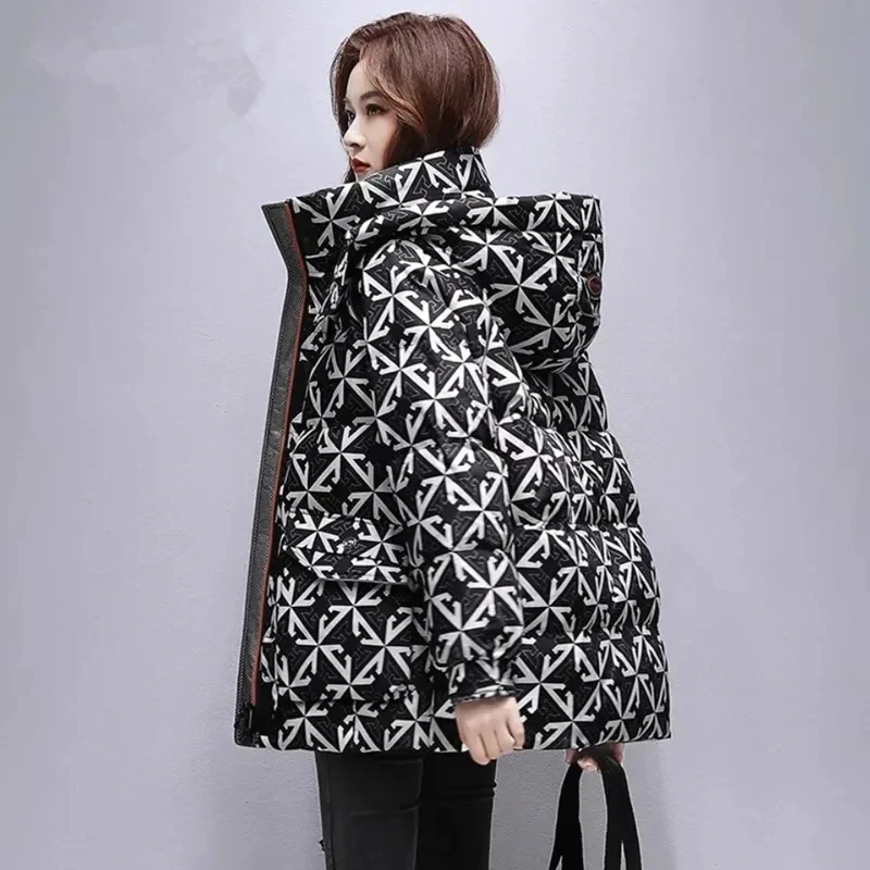 Chaqueta de algodón con capucha para mujer, Parkas cálidas de longitud media, abrigo grueso con estampado, novedad de invierno, 2024