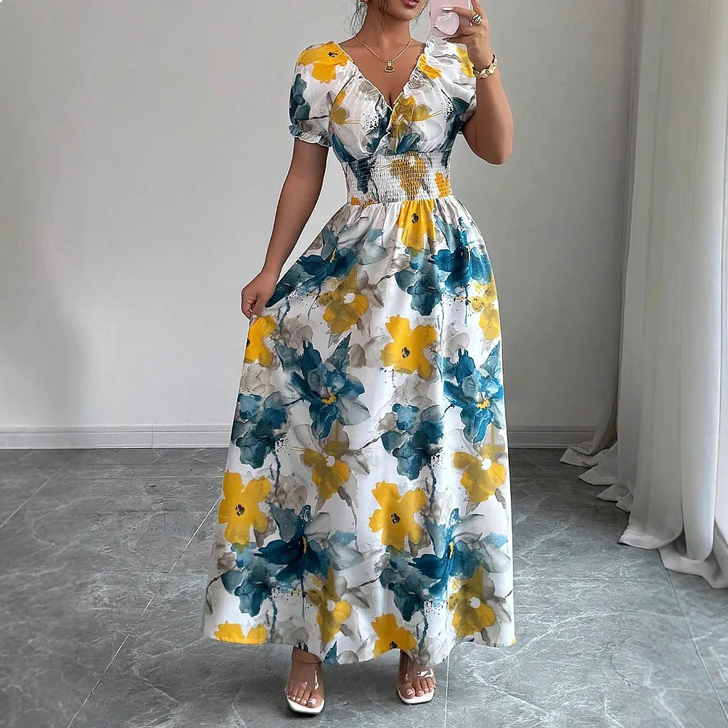 Summer Bubble Sleeve V Neck Floral Print Long Dress Dresses Spring Summer Flowy Casual Maxi Dresses