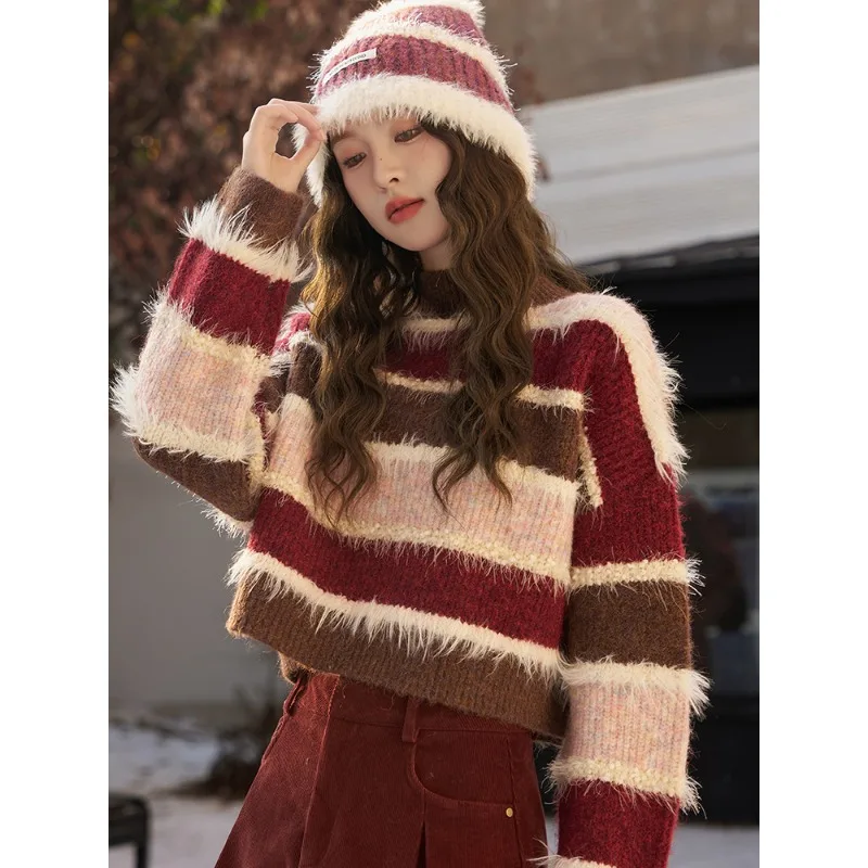 

2025 New Striped Pullover Sweater Women Autumn Winter Fashion Retro Casual Loose Ladies Crop Knitted Top Jumpers Woman