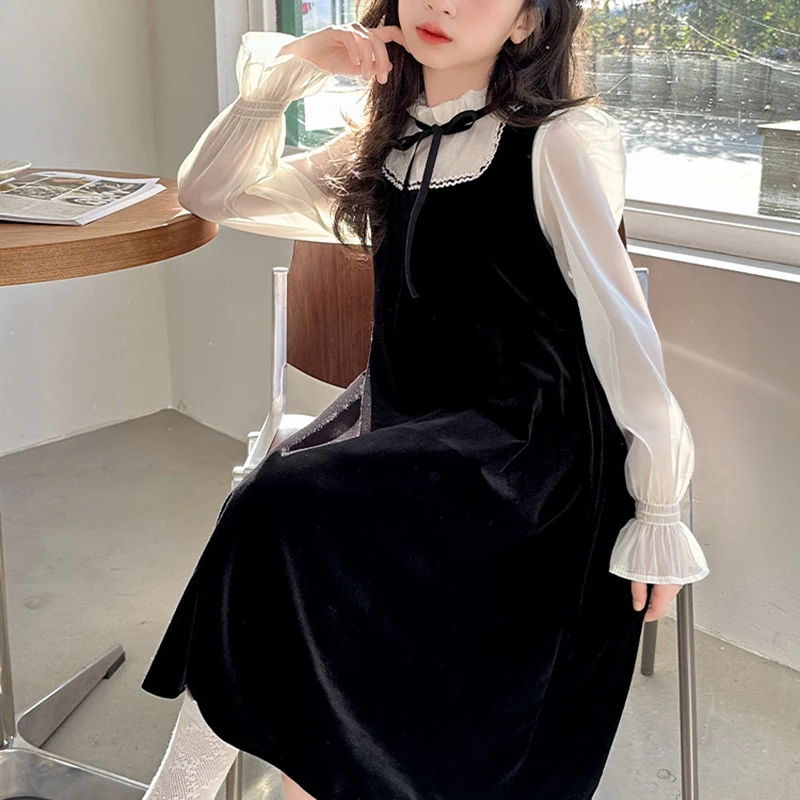 Girl's Golden Velvet Dress Black Spring and Autumn New Party Dress Princess Splicing Style Party Holiday Comfortable Premium