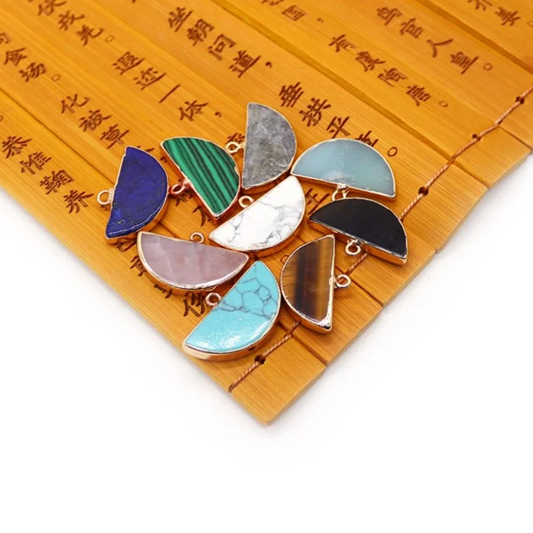 Naturally Polished Malachite Glimmer Stone Inlaid Semi-circular Electroplated Edged Pendant Handmade DIY Jewelry Material Gift