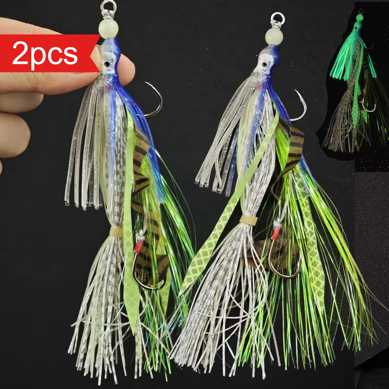 2pcs Luminous Octopus Skirt Fishing Lure Saltwater Squid Soft Bait Glow in Dark Trolling Jig with Assist Hook Sea Tackle