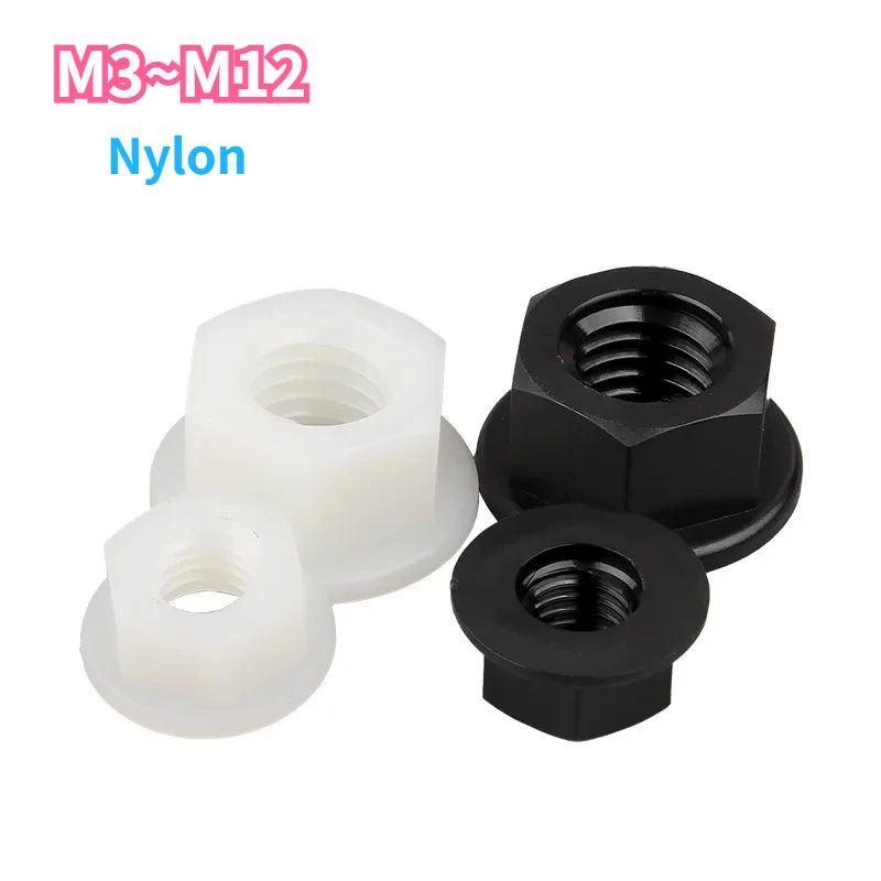 

Нейлоновая шестигранная фланцевая гайка с шестигранной головкой, черно-белая, с плоским дном PA66, пластиковая изоляция M3 M4 M5 M6 M8 M10 M12 DIN6923