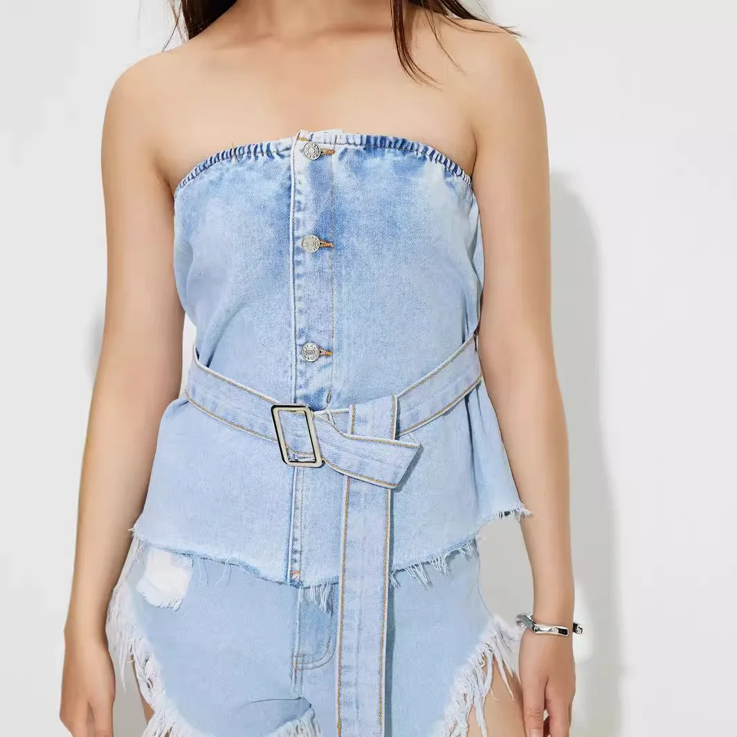 

Women Sexy Tube Tops Sleeveless Belt Buttons Up Bustiers Corsets Strapless Denim Off Shoulder Cropped Tank Mini Vest 2024