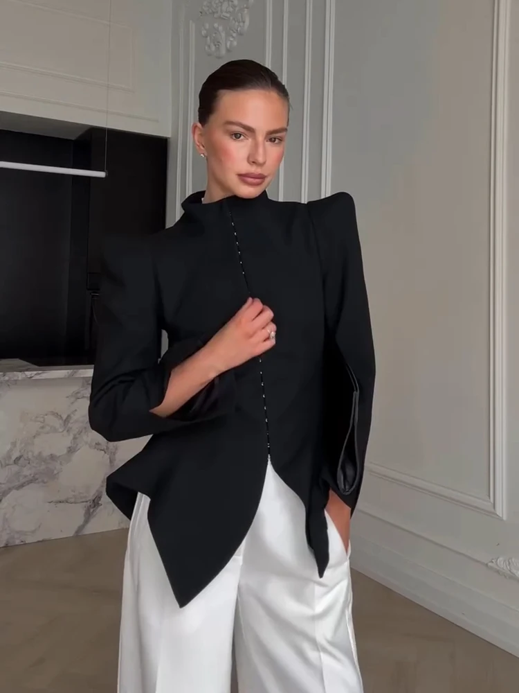 2026 Autumn Women Coat Stand Collar Long Sleeve Pad Shoulder Tunic Slim Female Jacket Solid Lady Blazer High Street Office