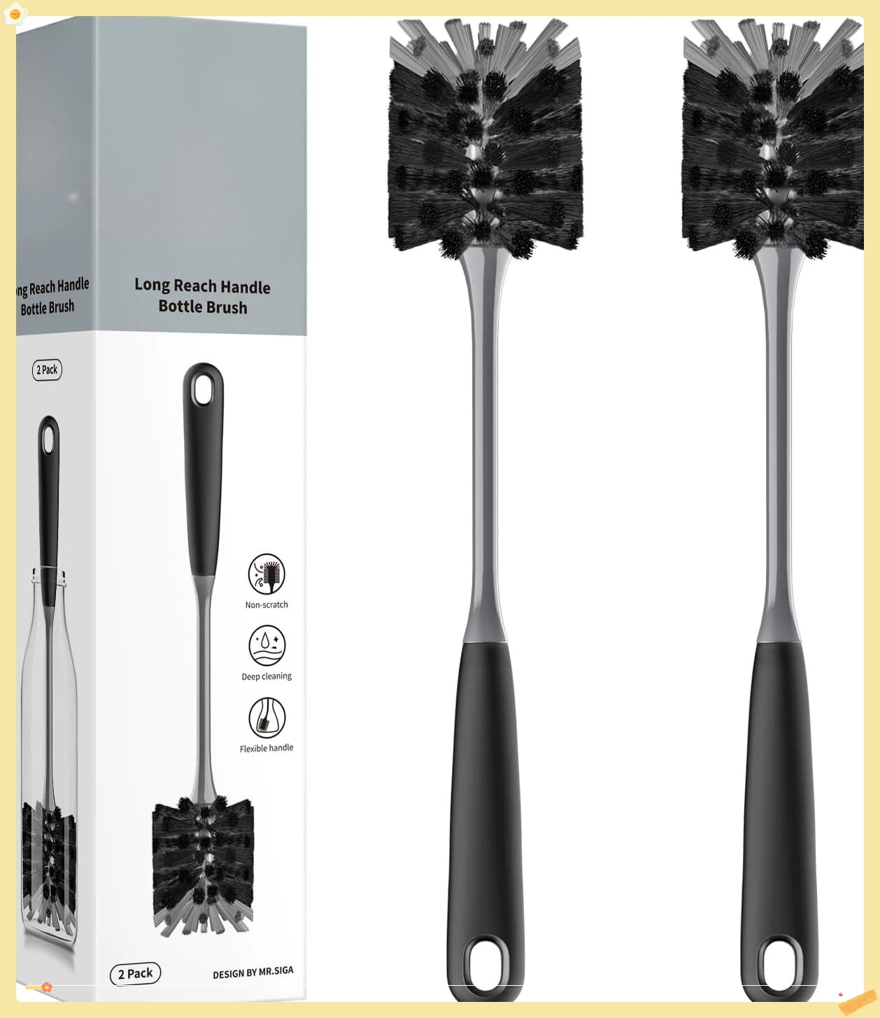 

Long Handle Bottle Brush 2 Pack, Flexible Scrubber for Narrow Water Bottles Cups Mugs Glassware Cleaning