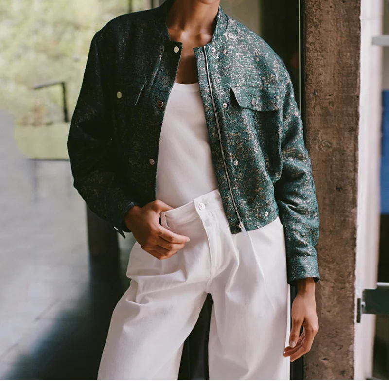 

Vintage Casual Glitter Green Round Collar Jacket Women Long Sleeve Zipper Pocket Loose Coat 2025 Autumn Fashion High Street Coat