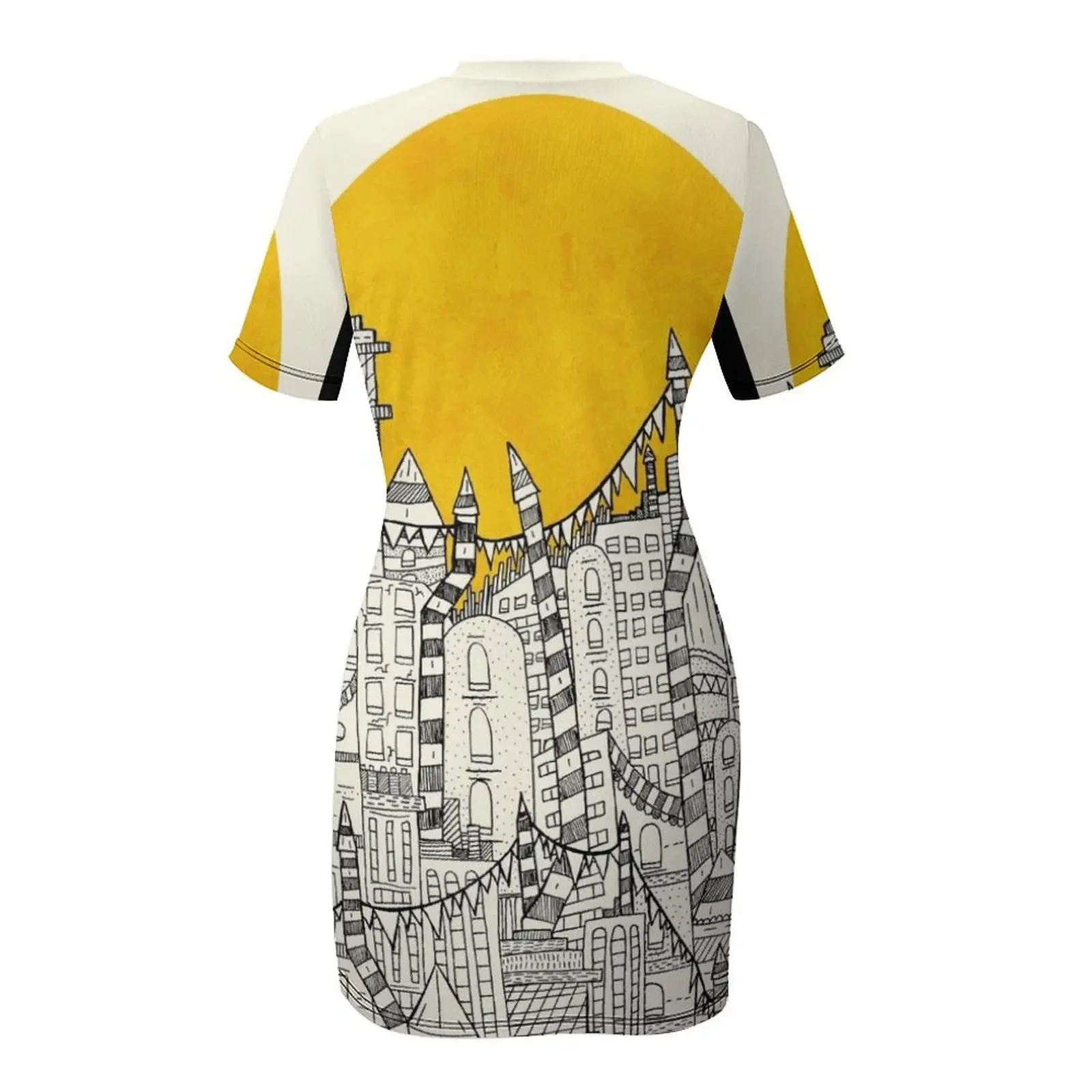 เดรสแขนสั้นลายดวงอาทิตย์ขนาดใหญ่เมืองเล็กสำหรับผู้หญิง เหมาะสำหรับงานพิเศษ งานพรอม ชุดเดรสผู้หญิงทรงหลวมใส่สบายสำหรับฤดูร้อน