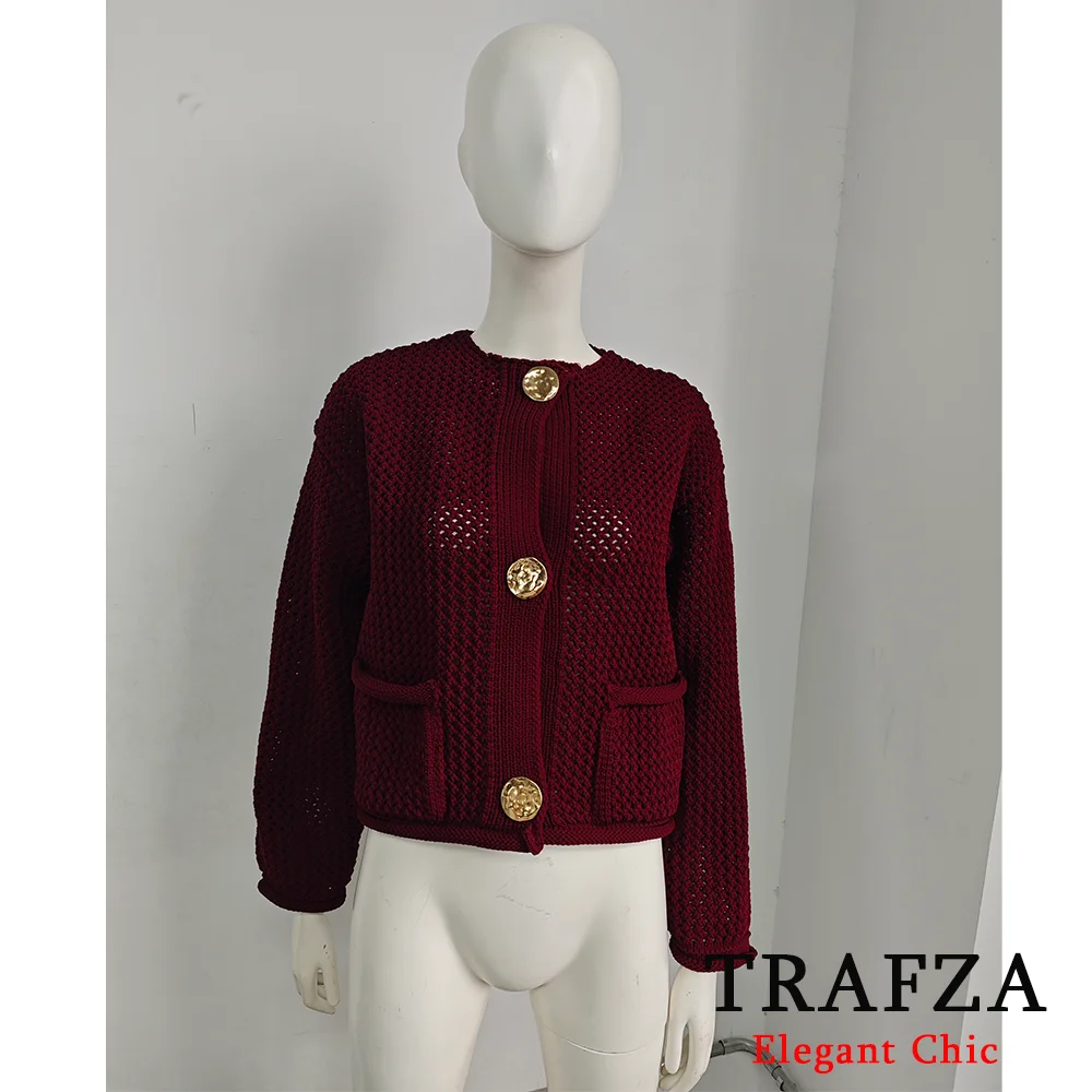 TRAFZA-Women Fashion Ancora Red Knit Coat New 2024 Autumn Winter Casual Vintage Coat O-Neck Buttons Pocket Burgundy Sweater Coat