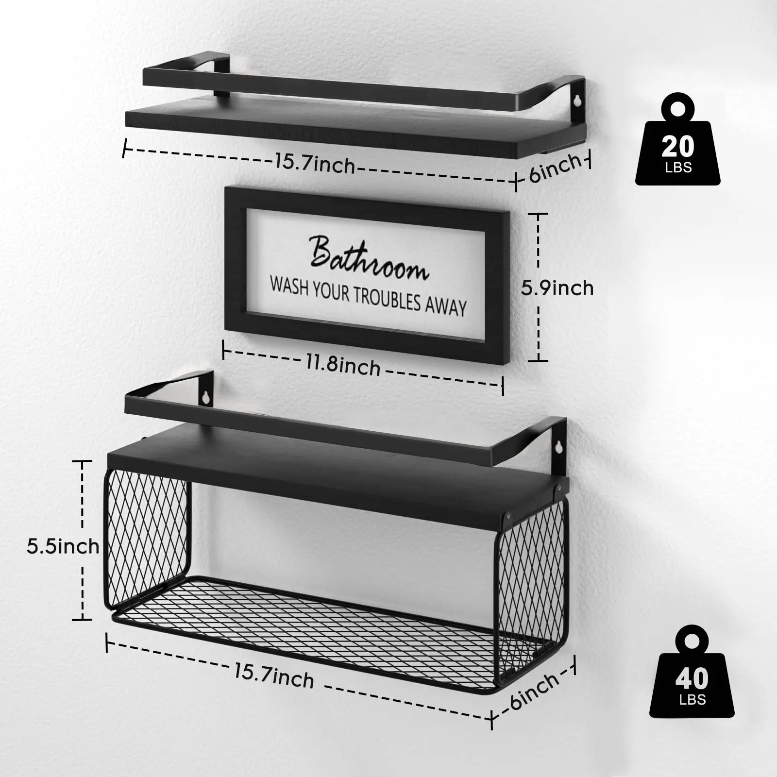 Floating Shelves with Storage Basket & Metal Guardrail, Bathroom Shelves Over Toilet with Wall Decor Sign, Wood Wall Organizer for Bedroom, Living Room, Kitchen