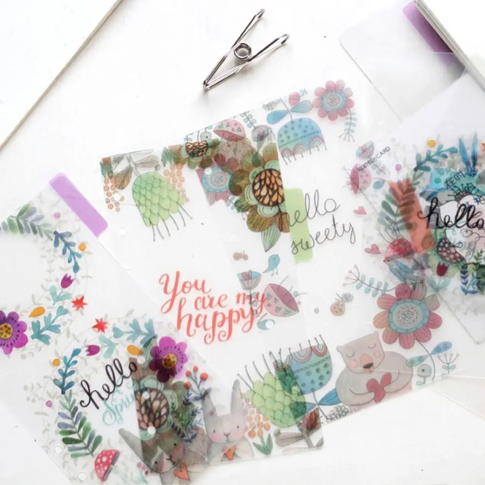 5Pcs A5 A6 Floral Planner Index Page Loose Leaf Transparent PP Separator Pages Notebook Paper Inside Pages 6-Hole Binder