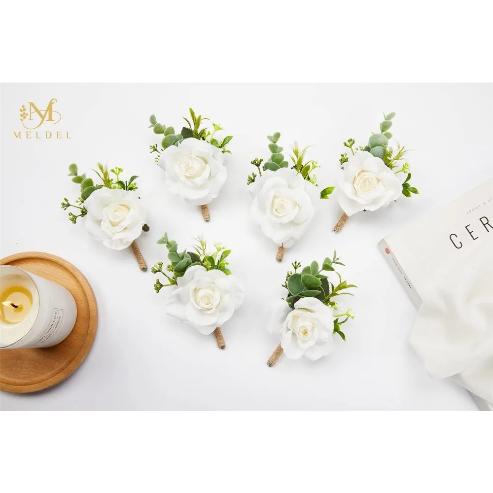Boutonnieres de rosa blanca marfil para boda de hombres, juego de 2, ramillete artificial para baile de graduación, novio y padrinos de boda boutonniere para cerem