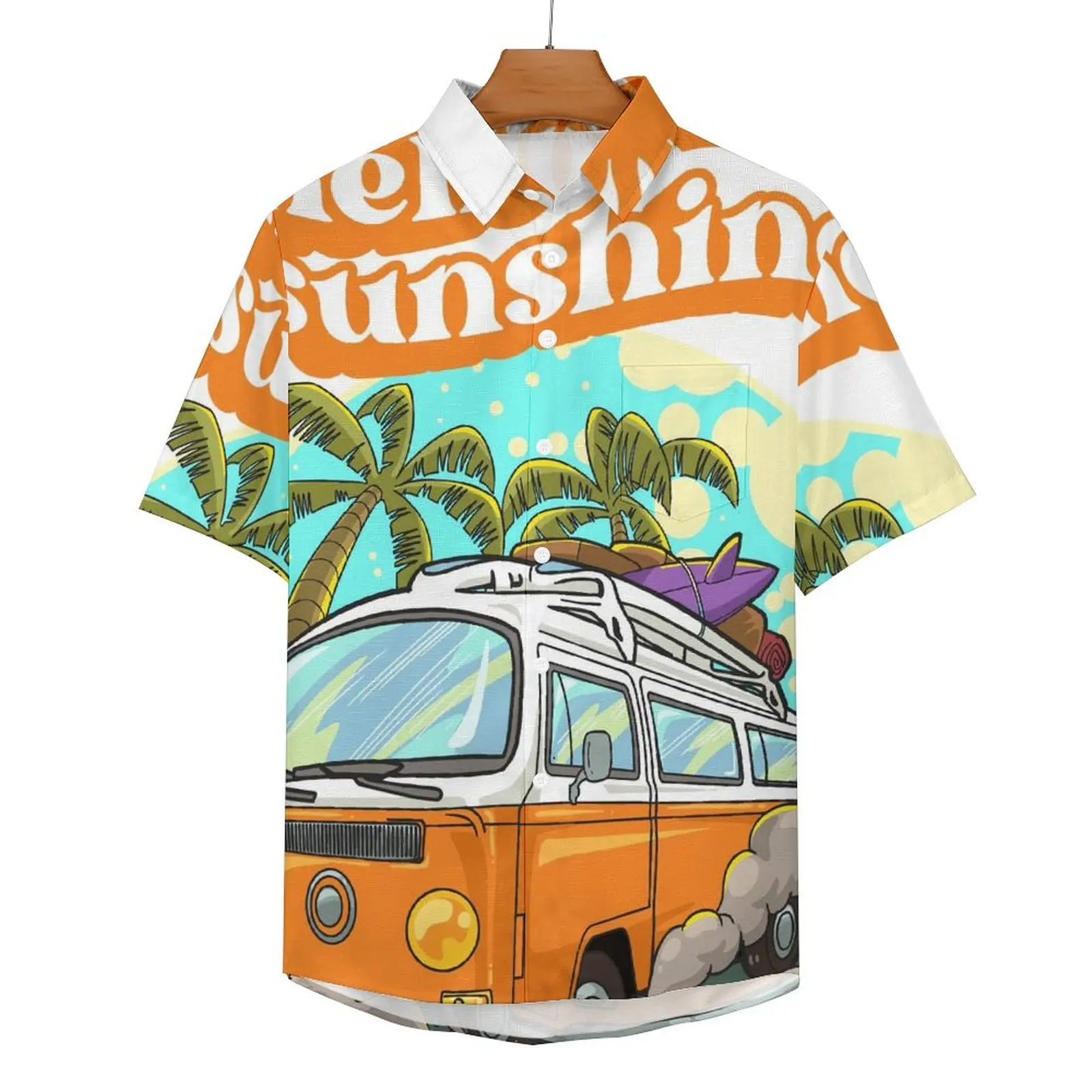 Palms Tree With Car Blouses Men Hello Sunshine Casual Shirts Summer Short Sleeves Novelty Oversized Beach Shirt Birthday Present