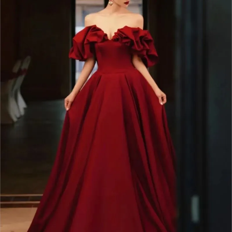 

off-Shoulder Toast Clothing Red New Style Women's Dress Satin