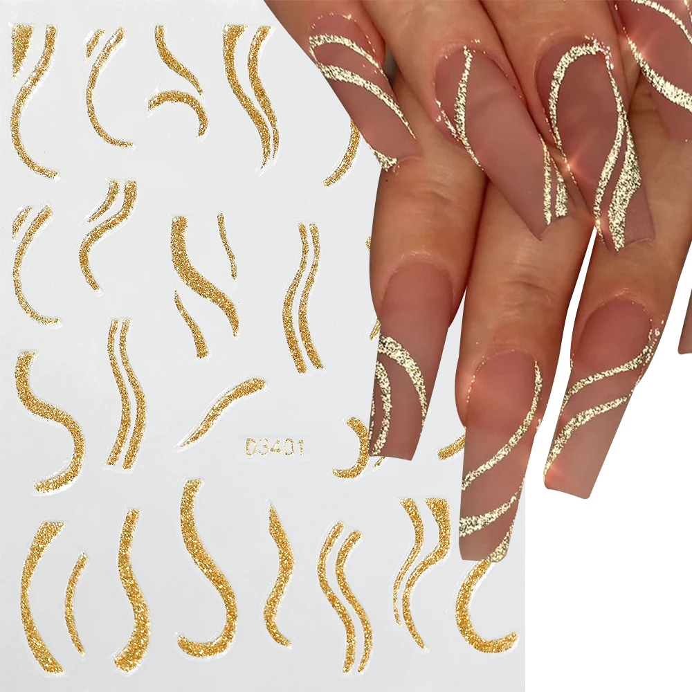 12pcs Gold/Silver/Red Glitter French Nail Sticker Love Butterfly Wavy Lines Shiny Nail Decals Sliders New Year Manicure Accessor