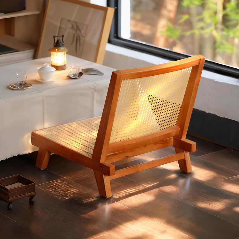 Original Solid Wood Chinese Retro Bay Window Tatami Rattan Seat Wabi Sabi balcony Single Sofa Backrest Tea Room Low Stool
