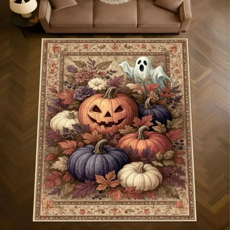 VIKAMA Halloween Ghost Pumpkin Bat Area Rug Non-Slip Floor Carpet Living Room Bedroom Entryway Spooky Home Decor
