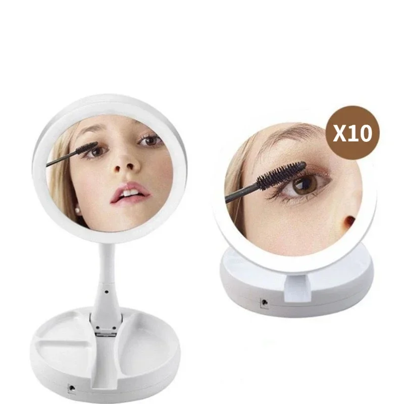 Foldable USB Charging or Battery Led Mirror Makeup White Vanity Cosmetic Mirror with Light 10X Magnifying Table Mirrors