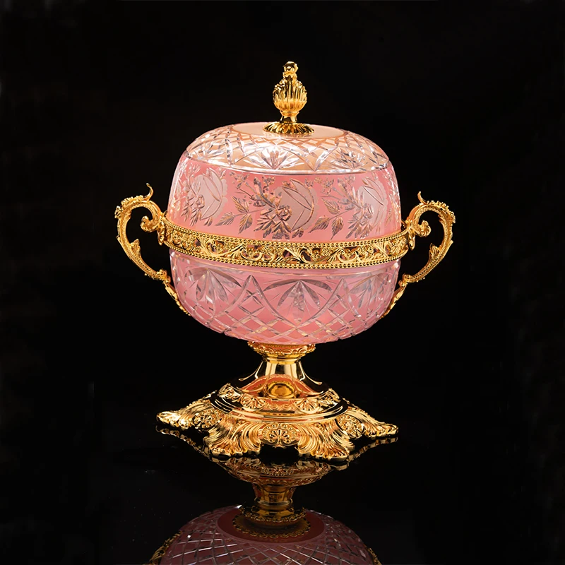 European antique home decoration ceramic candy plate, brass tall feet, luxury French crystal craftsmanship and artistic