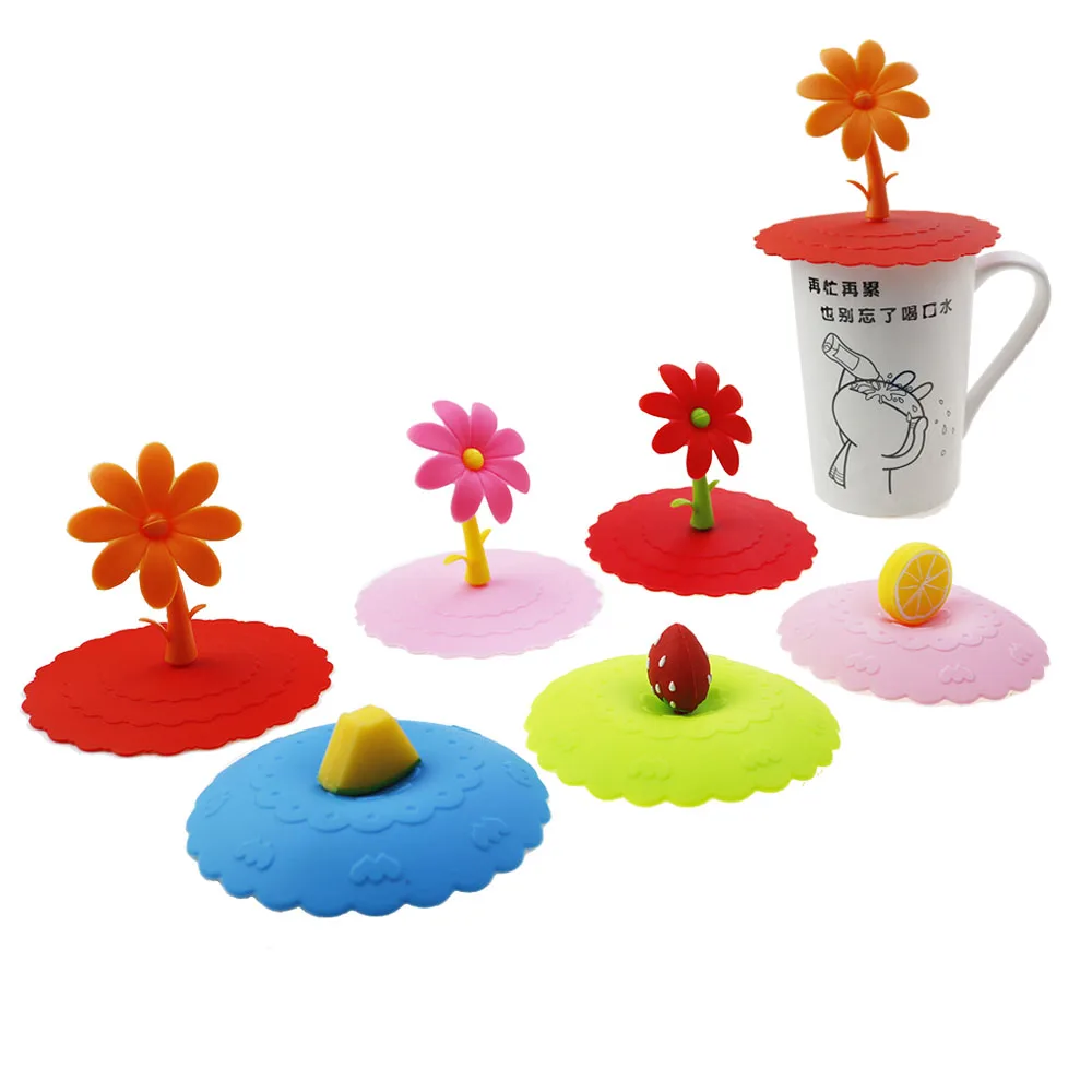 For Better Life 1PC Silicone Water Cup Lid Anti-dust Seals Glass Cap Cover Cute Flowers Adorn Easy To Clean Odorless Handle