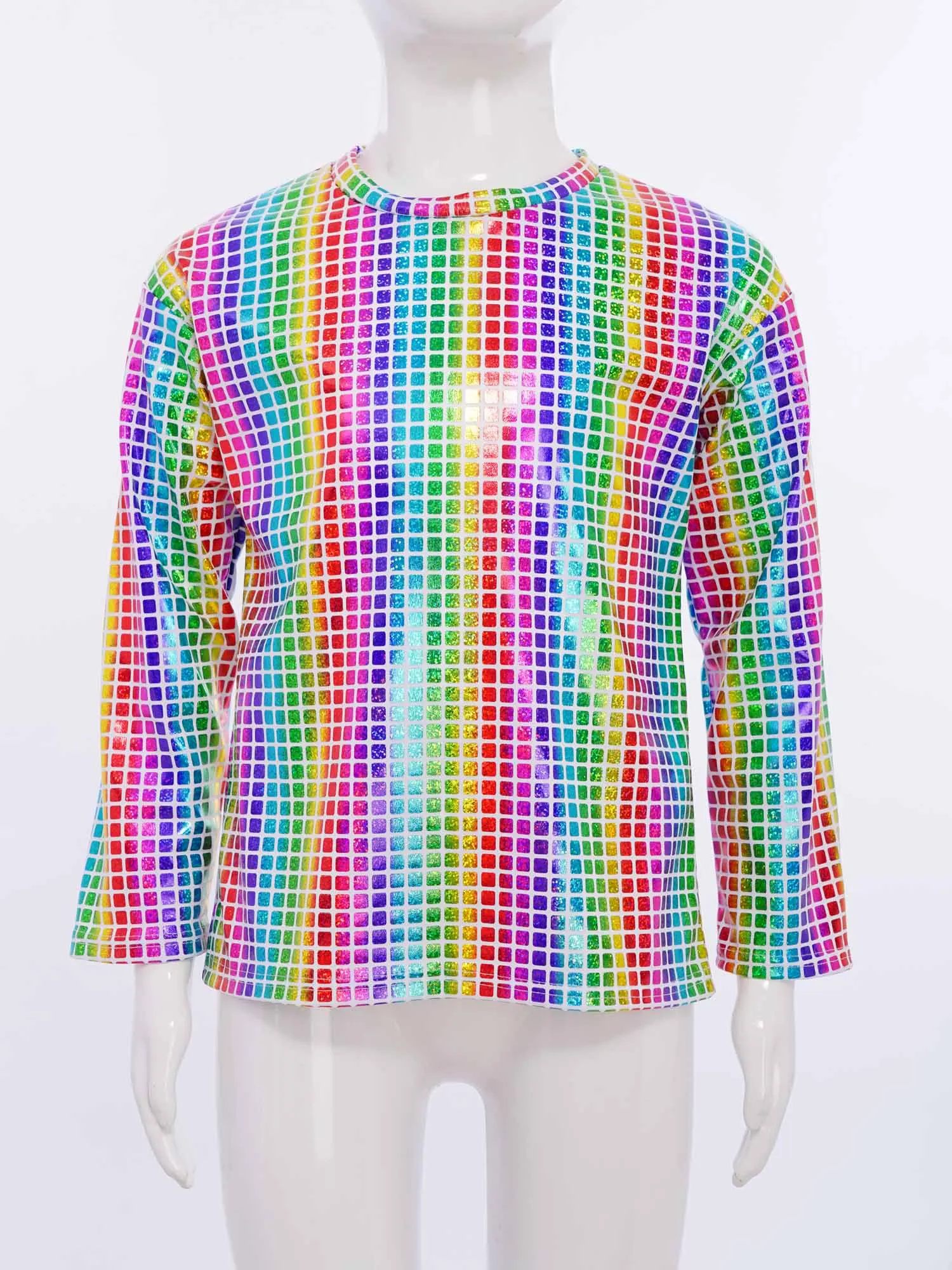 

Girls Boys Disco Sequins Shirt T-Shirt Children Metallic Plaid Loose Jazz Hip Hop Dance Top Blouse Party Stage Performance Wear
