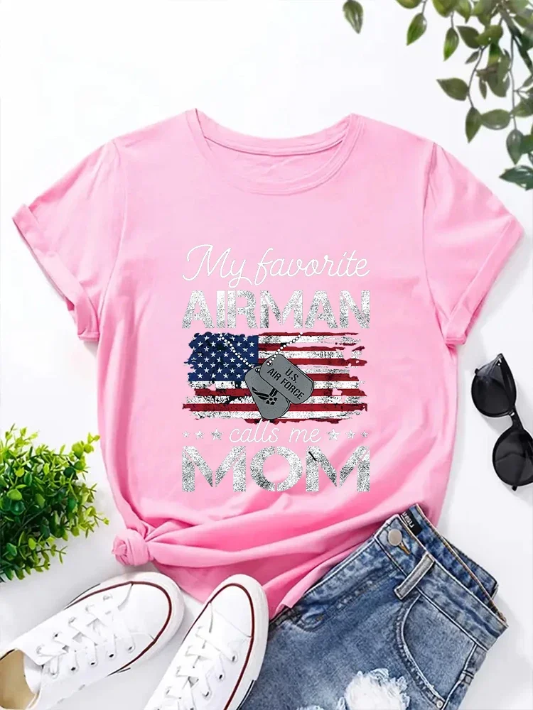 2024 Four Season T Shirt My Favorite Airman Calls Me Mom Proud Air Force Mom US Air Force Graduation Women's Round Neck Top