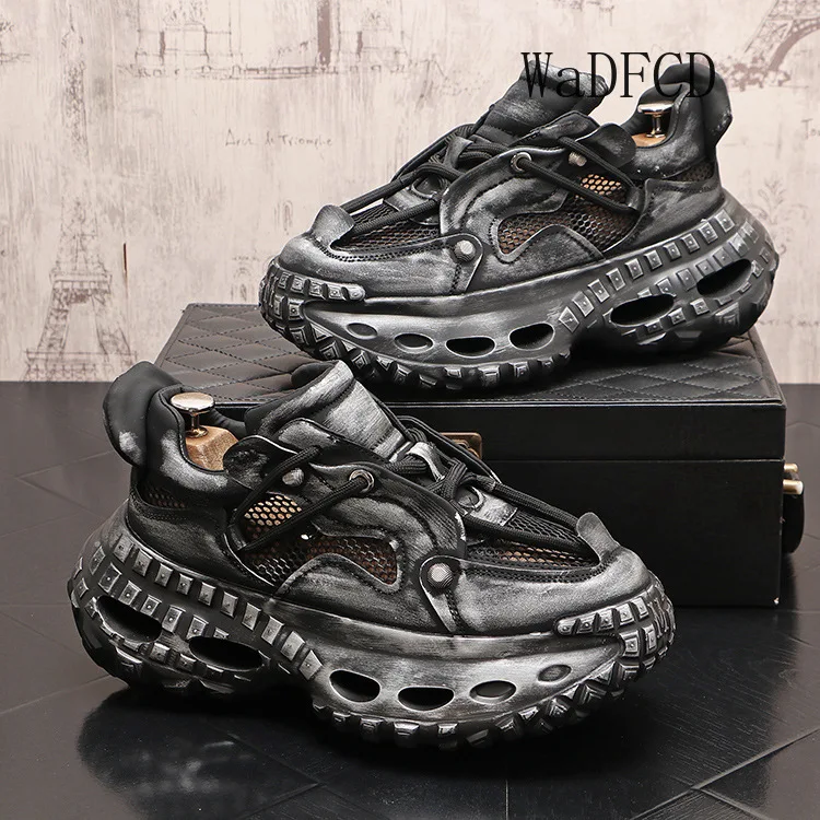 Chunky Sneaker Men Designer Hollow Tire Bottom Sport Shoe Fashion Casual Leather Mesh Breathable Height Increased Platform Shoes