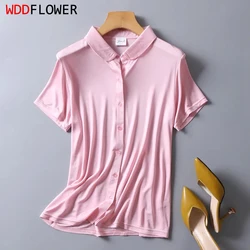 Women's 50% Silk 50% Viscose Short Sleeve Turn-down Collar Shirt T-Shirts top M-2XL TG318