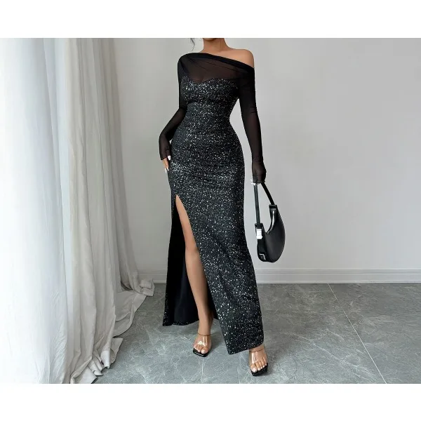 

Party Women's Dresses Fashion Solid Long Sleeve Off Shoulder Side Slit Dress Spring Summer 2025 New Hip Hugging Long Skirts