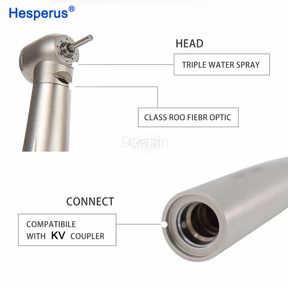 HESPERUS Den  tal Optical Fiber LED Turbine High Speed Handpiece 4 Water Spray compatible k   v type quick coupling