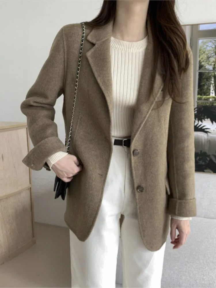 

Vintage Wool Blazer Coats Women Thicken Autumn Winter 2023 New Fashion Office Ladies Turn Down Collar Jacket Button Up Outerwear