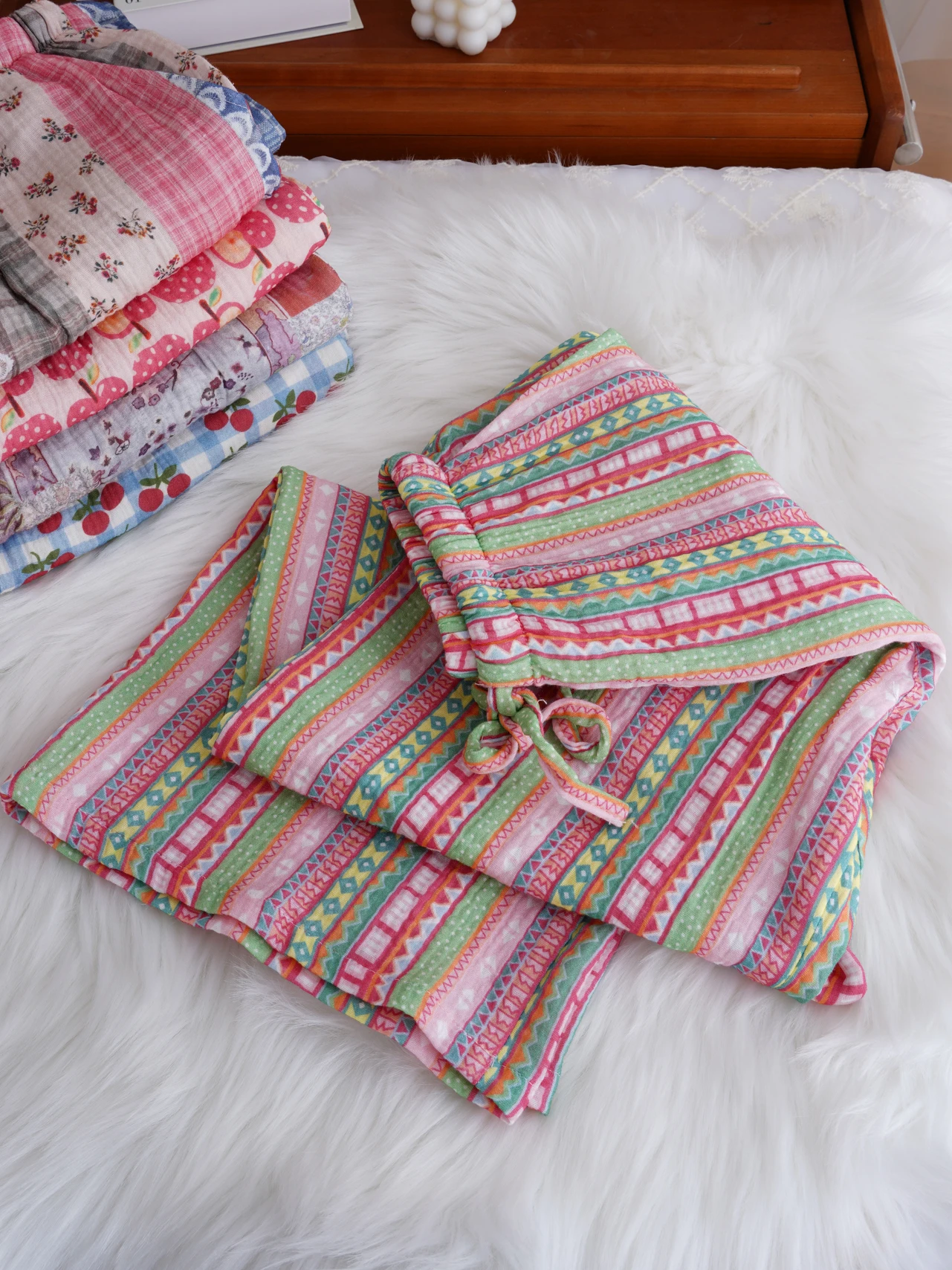 Bohemian Striped Wide Leg Pants Women's Pure Cotton Gauze Rope Tied Loose Sleepwear Home Pants Spring Autumn Luxury Style