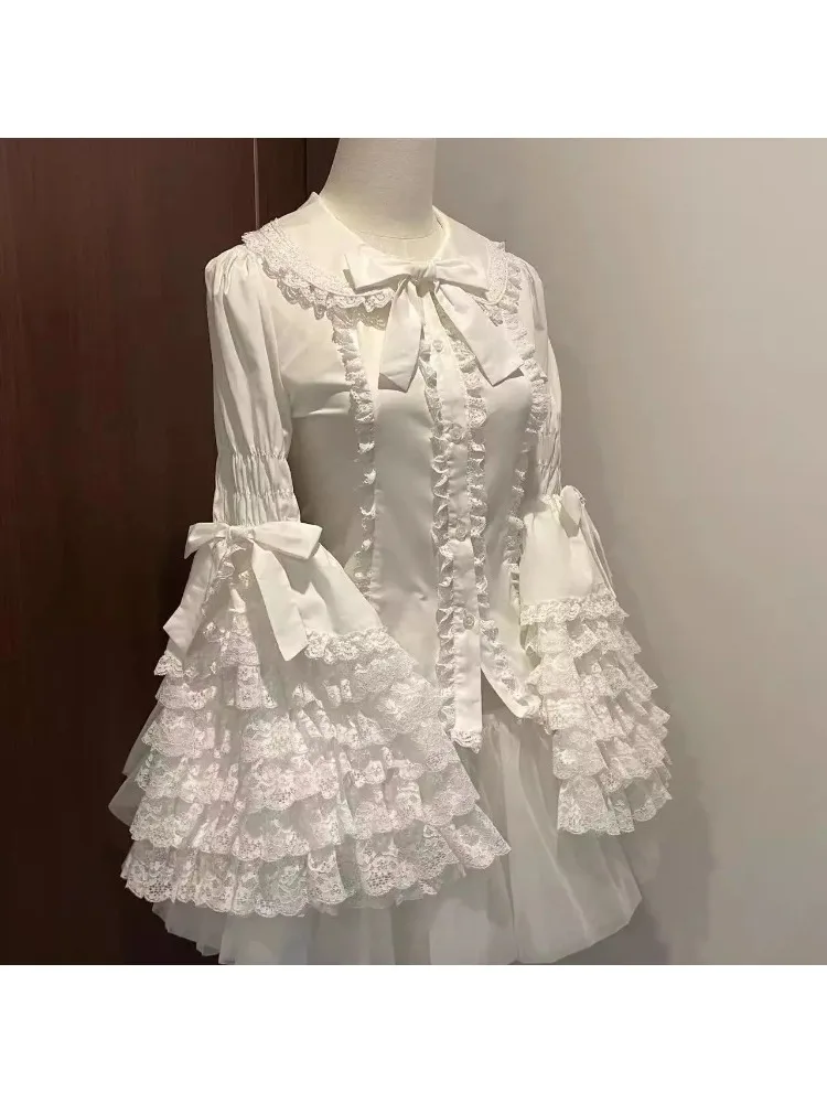 Chemisier De Style Lolita français pour femmes, Camisas De Mujer, col Peter Pan, manches évasées, chemises douces, hauts en dentelle, nœud à volants