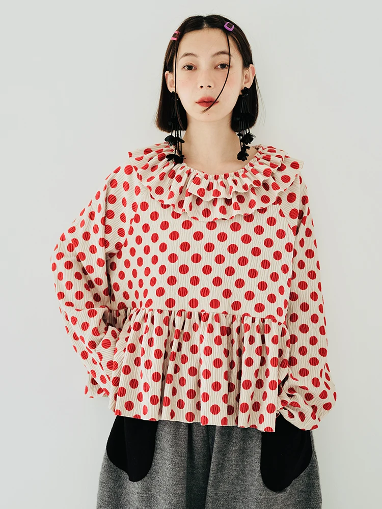 

IMAKOKONI original design red polka dot lapel top round neck pullover long sleeve loose T-shirt 223869