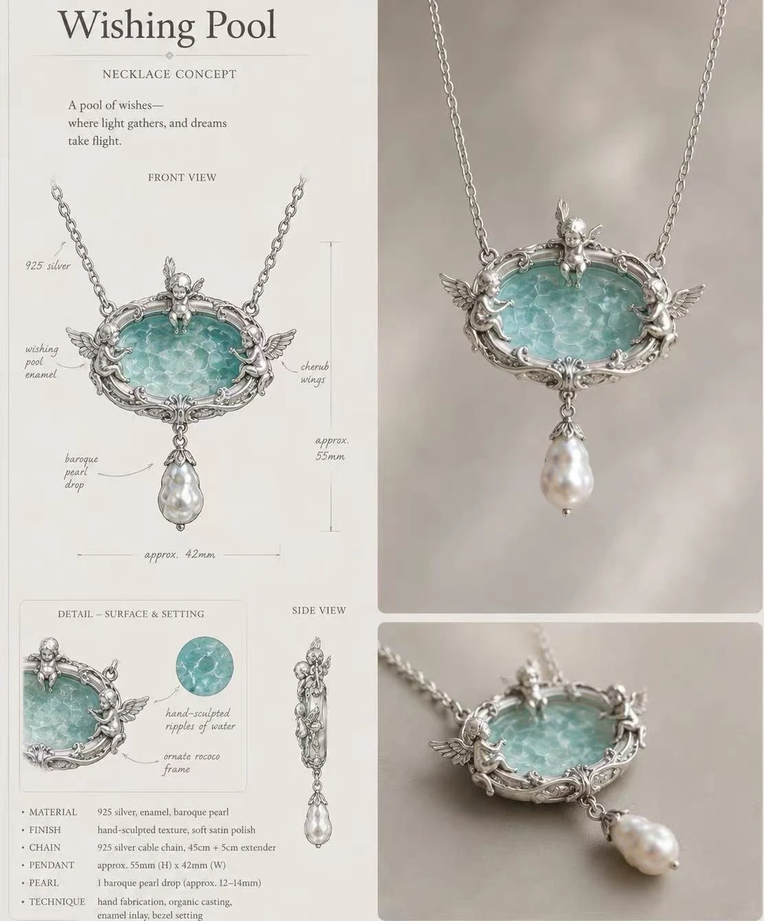 2027 Vintage Wishing‑Fountain Angel‑Embossed Pendant Necklace Ladies Artificial‑Pearl Women Retro Clavicle Chain Neck Jewelry