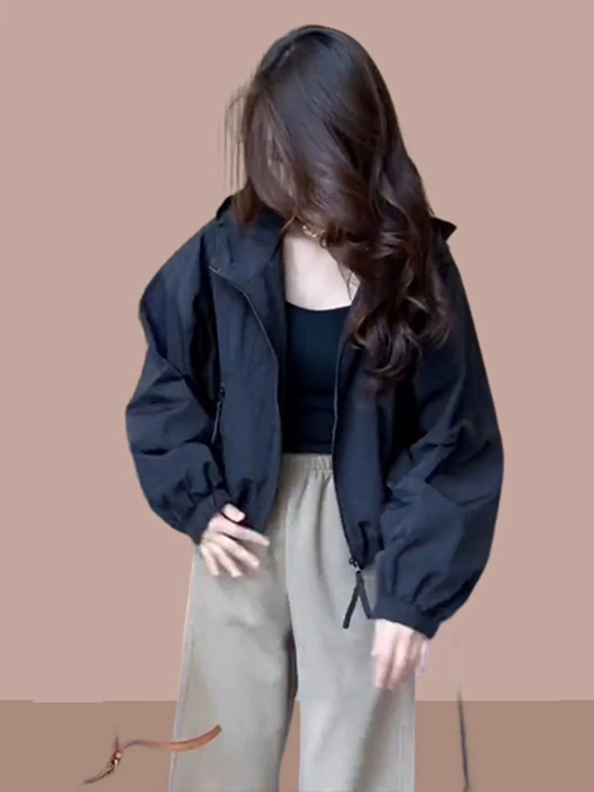 

Casual Hooded Short Jacket Women's Fashion Versatile Spring Autumn Small Size Youthful Leisure Coat Zipper Design Long Sleeve