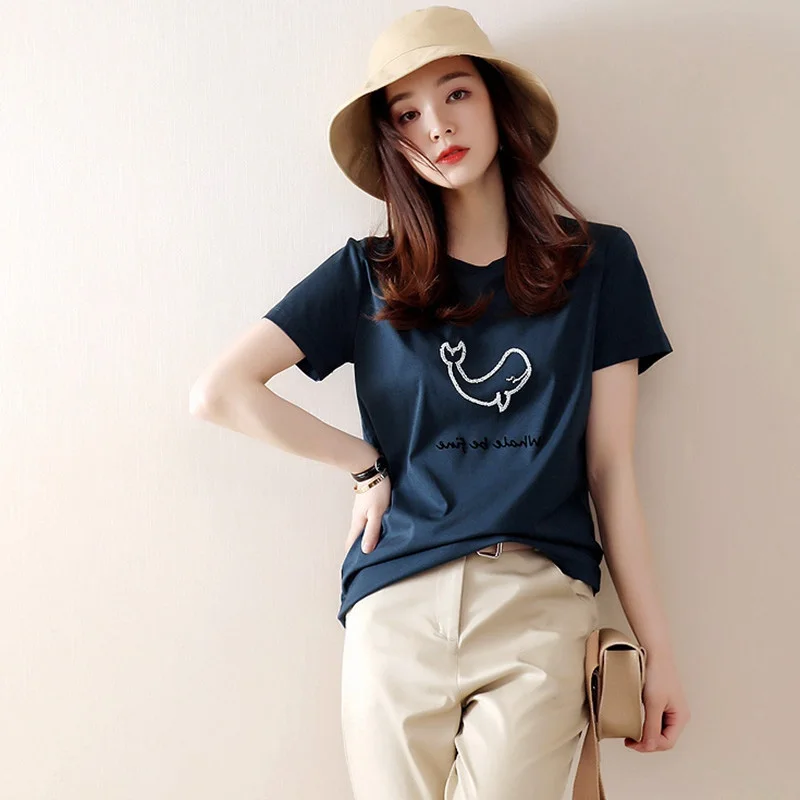 Algodón puro redondo Ne ort Sve muestra superior irt pieza única mujer Faion coreano Sle Color ropa de viaje