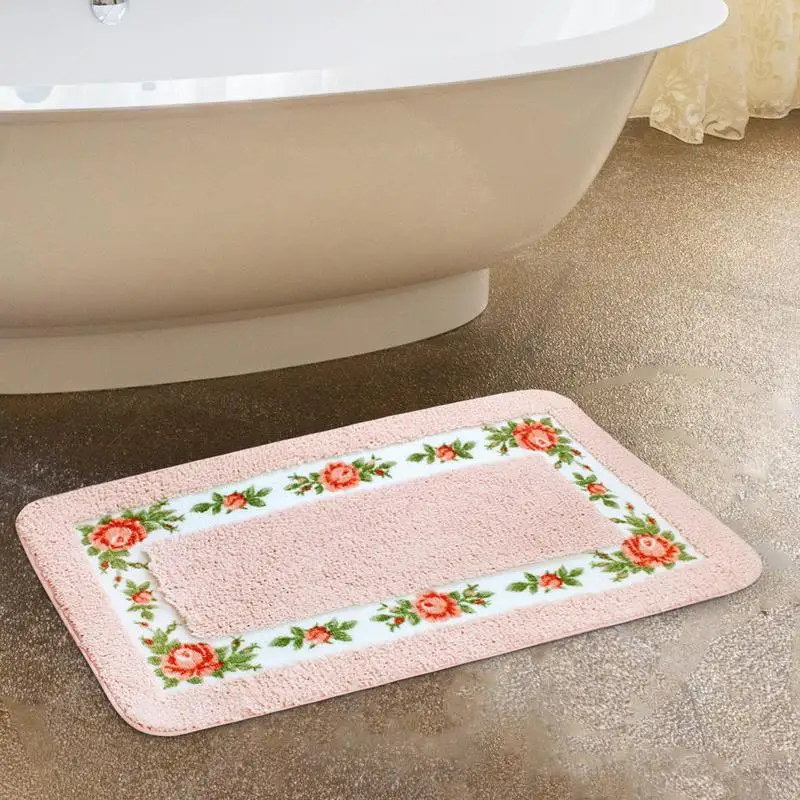 Floral Bathroom Rug Durable Fiber Rose Flower Area Rugs Toilet Floor Rugs Anti Slip Pretty Floral Rural Style Toilet Cover Mat