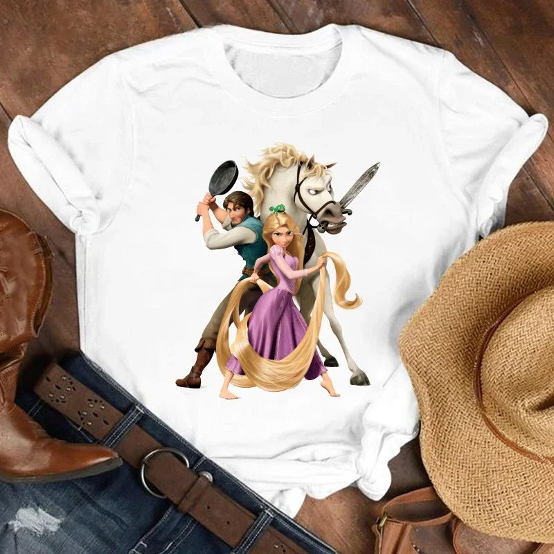 Disney Rapunzel Graphic Children Tshirt Girl Clothing Cartoon Printed Casual T-shirt Summer Short Sleeve Cotton Top Baby Kid Tee