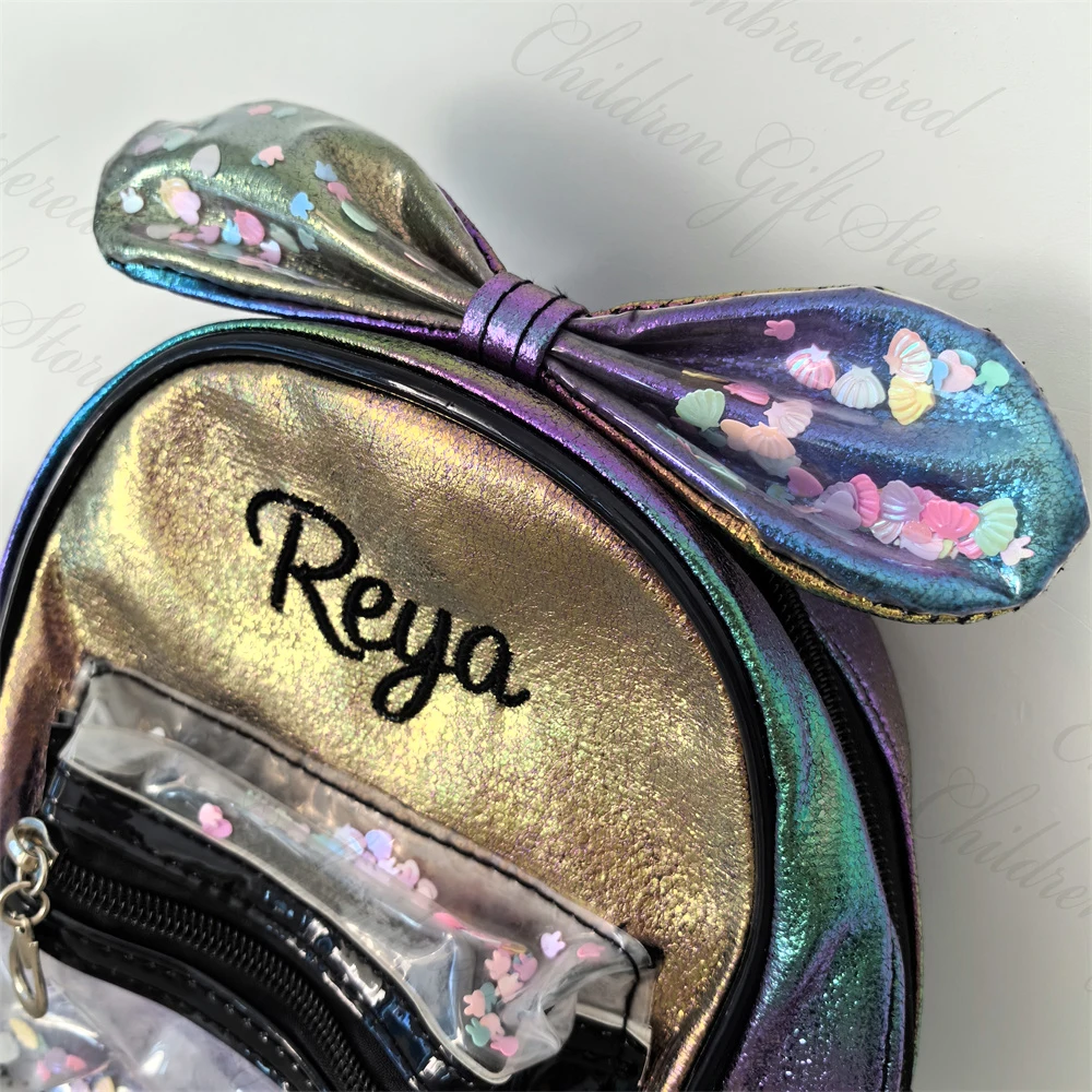 Princess Girl's PU Backpack Personalized Colorful Sparkling Bag Cute Bow Sequin Small Snack Bag Custom Embroidery Name Schoolbag