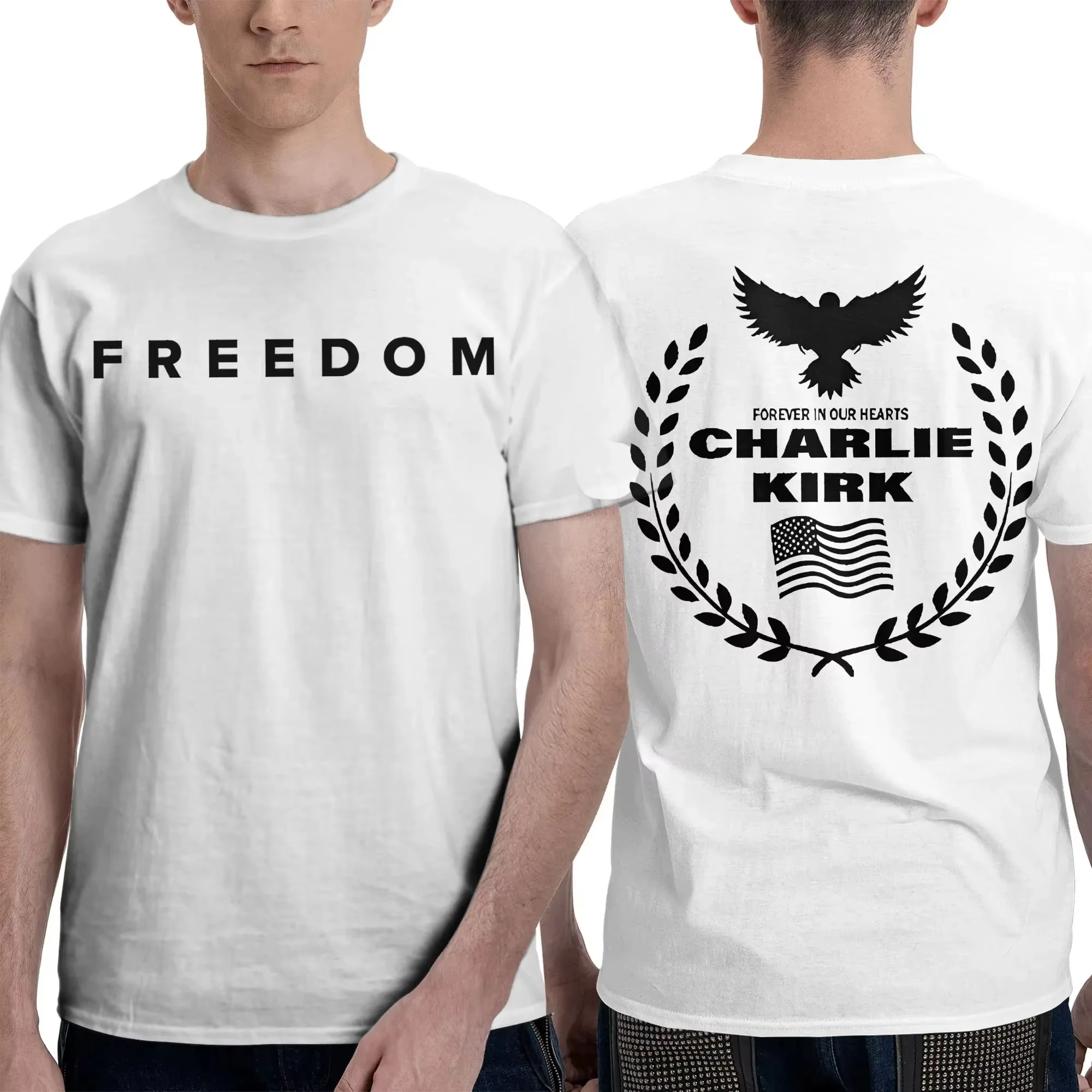 

2025 Charlie Kirk Freedom T Shirts Men's Tribute Memorial American Hero T-Shirts Round Collar Tees Short Sleeve Clothing Graphic