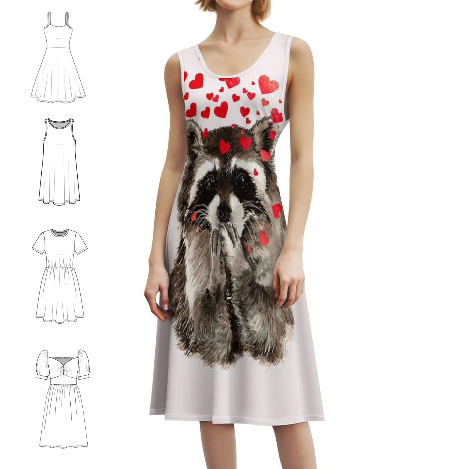 

Cute Watercolor Raccoon Blowing Kisses & Hearts Sexy Vacation Dress For Women Beach Party Birthday Mini Dress Cute Watercolor