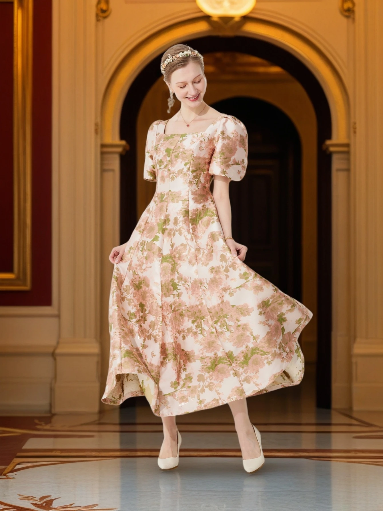2026 Frühjahr und Sommer, neues, luxuriöses, robustes, exquisites 3D-Jacquard-Kleid mit Puffärmeln und Taille, ausgestelltes, elegantes Kleid, Partykleid
