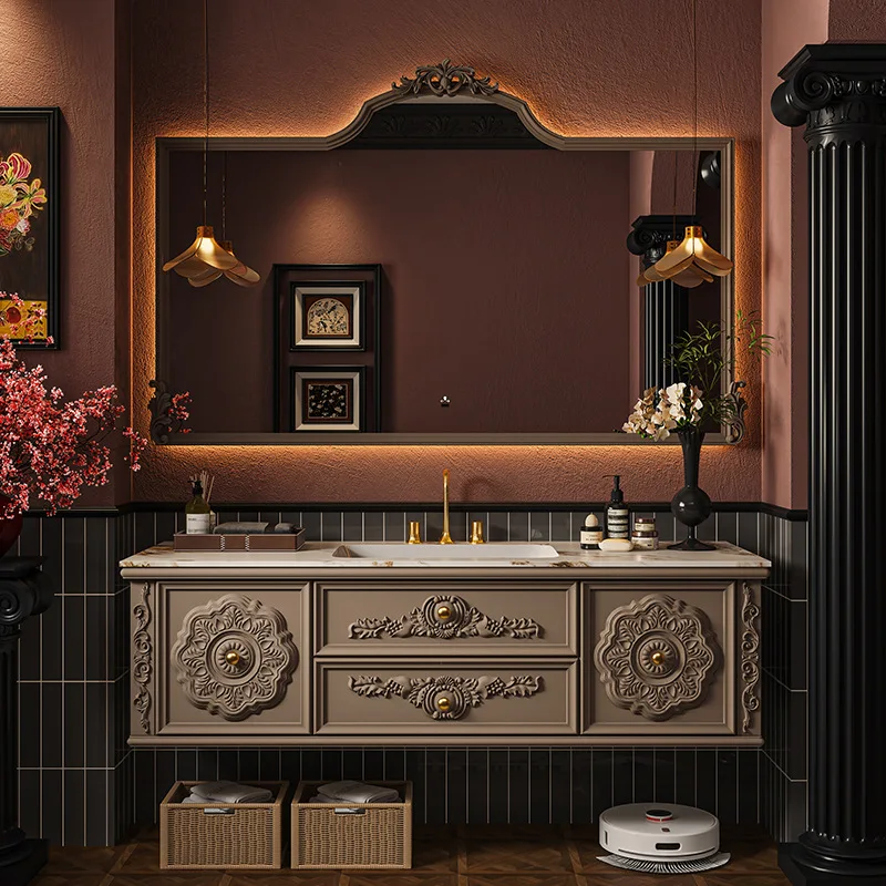 Factory Direct 2026 French oak retro bathroom cabinet combination bathroom washstand floor-to-ceiling wash basin cabinet smart m