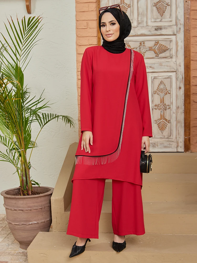 Women Tunic Pants Suit Chain Detailed Quality Combination Islamic Muslim Fashion Elegant New Season Turkish Made Casual Fit