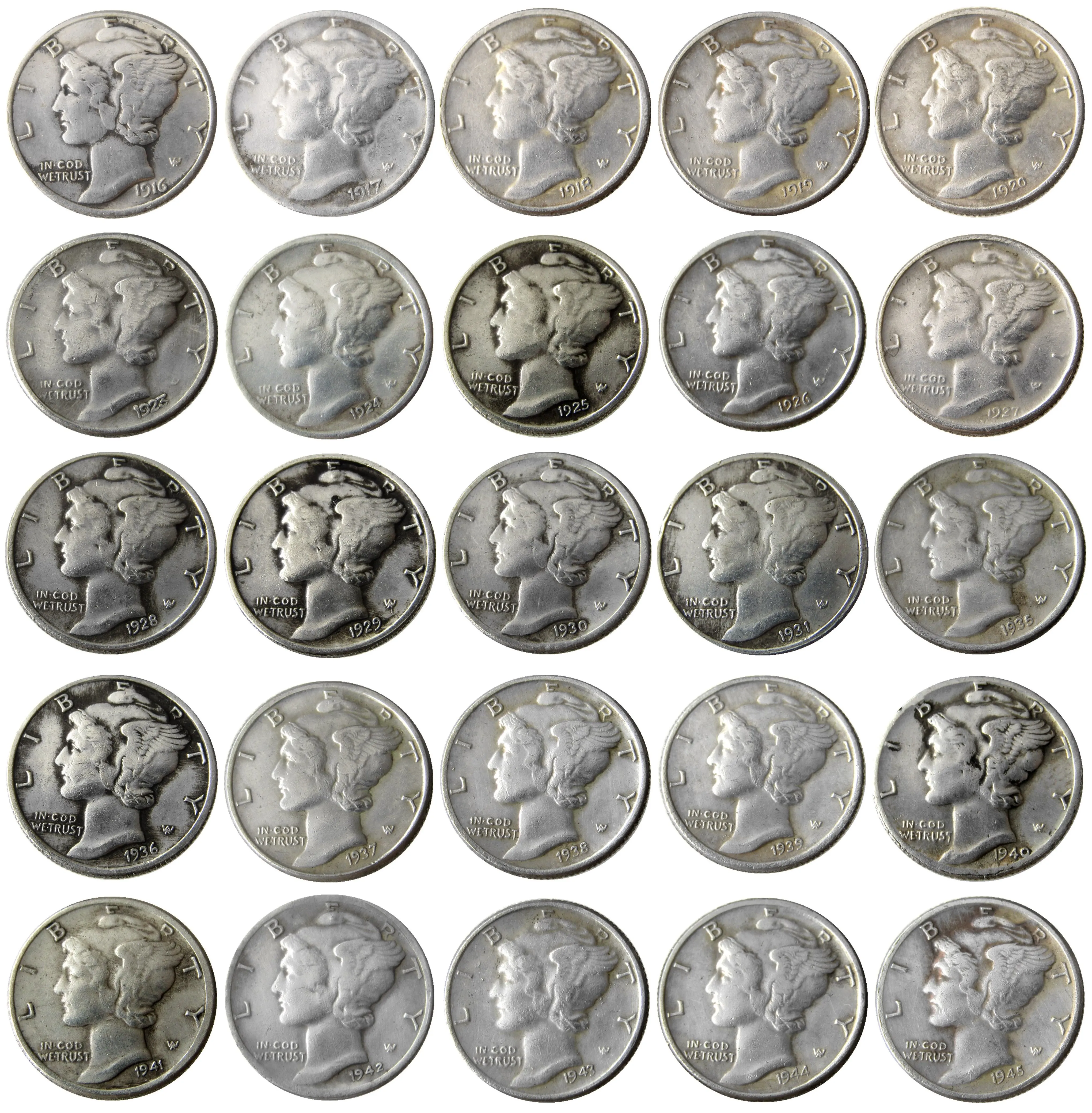 US A Set Of(1916-1945) -S 25pcs Mercury Head Dime Silver Plated Copy Coin