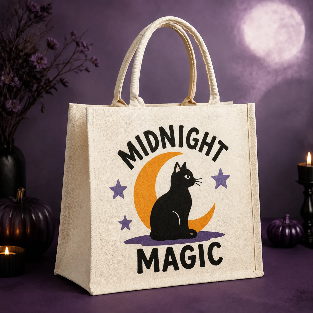 Printed Canvas Tote Bag Black Cat Spider Web Custom Text Name Logo Daily Travel Storage Handbag For Family Friends Holiday Gifts