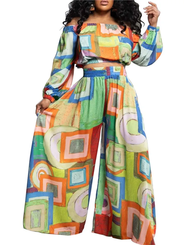 Printed Casual Two Piece Set Women 2025 Summer New Fashion Elegant One Line Neck Tops And High Waist Wide Leg Pant 2 Piece Sets