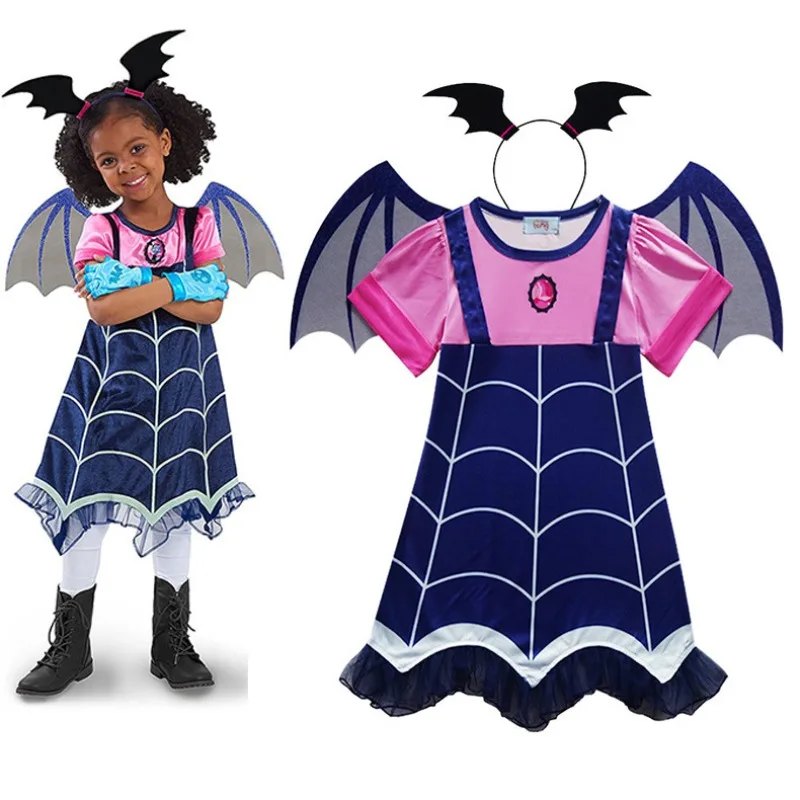 2pcs Maleficent Witch Vampirina Dresses Halloween Cosplay Costumes Kids Evil Queen Dress Mesh Carnival Vampire Disguise Outfits